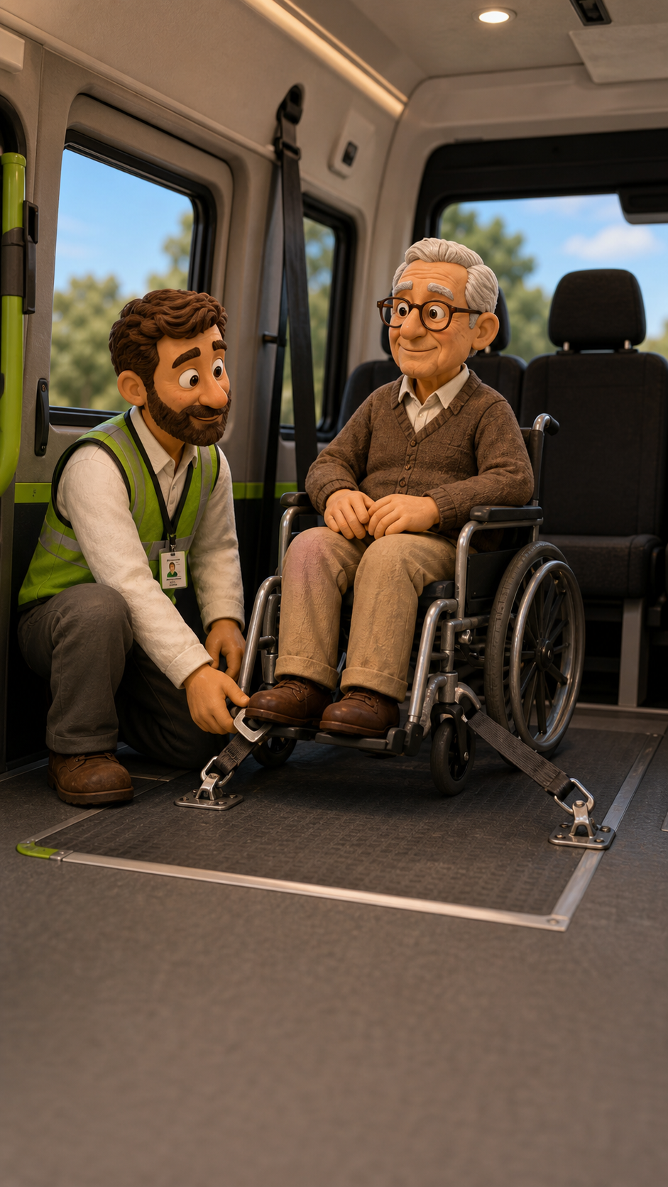 Claymation-style Go Time driver carefully securing a wheelchair inside the vehicle