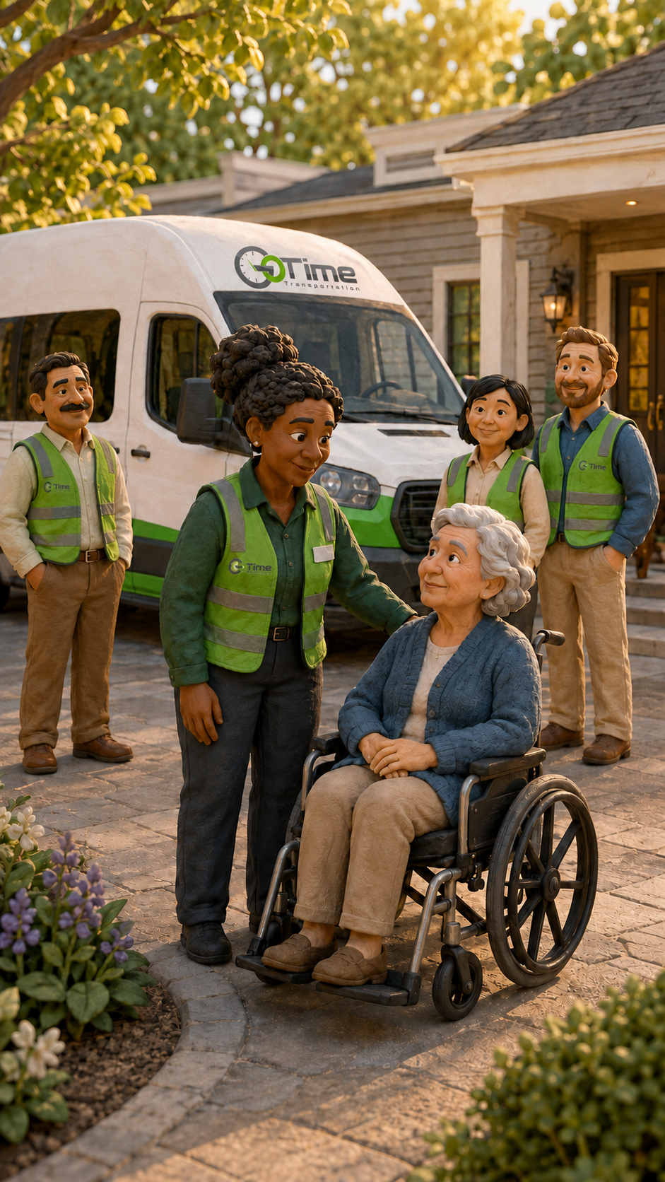 Claymation-style Go Time team supporting a wheelchair passenger outside a care facility