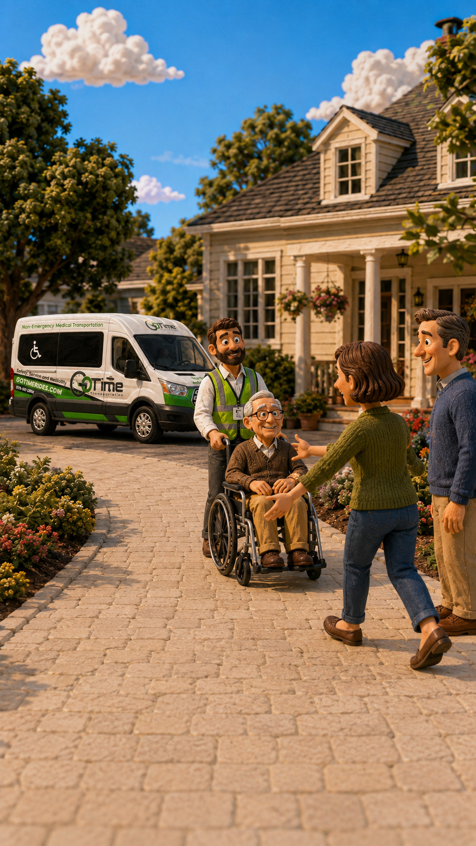 Claymation-style Go Time driver welcoming a wheelchair passenger home