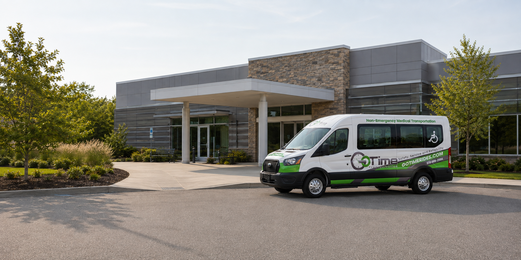 Go Time Transportation wheelchair-accessible vehicle outside a medical facility